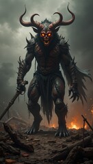 Fototapeta premium Malevolent demon atop ancient battlefield ruins at twilight exuding power and victory