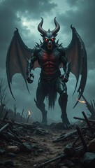 Malevolent demon atop ancient battlefield ruins at twilight exuding power and victory