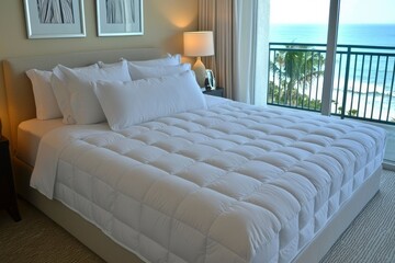 White quilted bedspread on a bed with pillows in a room with a view of the ocean.