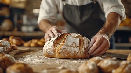 Artisan baker in a rustic bakery, bread and pastries around, warm ambient light