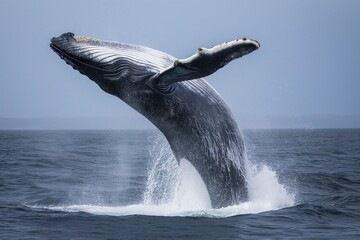 Fototapeta premium Large blue whale breaches ocean surface. Powerful aquatic mammal jumps out of water with speed and agility. Clear blue sea and white clouds in background. Stunning marine life scene.