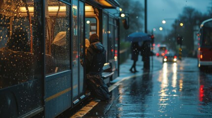 Fototapeta premium A person waits for the bus on a rainy evening, the city lights reflecting off the wet pavement.