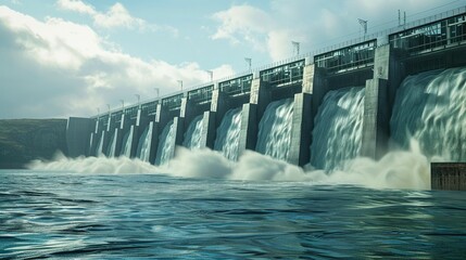 A Concrete Dam With Multiple Water Gates Open, Causing a Strong Current in the Water Below