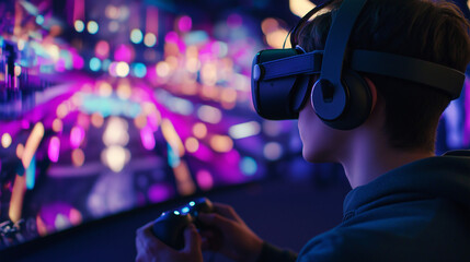 Child immersed in a virtual reality gaming experience, surrounded by colorful neon lights and holding VR controllers, exploring a futuristic digital world.