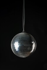 Obraz premium Close-up of shiny silver disco ball suspended in mid-air against dark black background. Disco ball reflects light, creating bright, flashy effect. Popular decoration for nightclubs and parties.