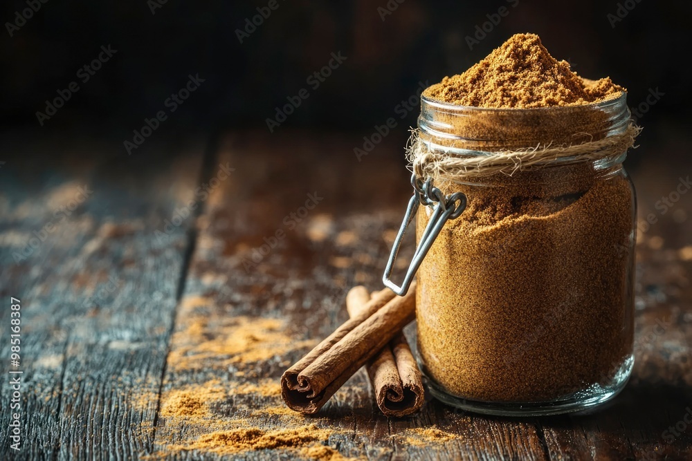 Wall mural Cinnamon Sticks and Ground Cinnamon in Glass Jar on Wooden Surface