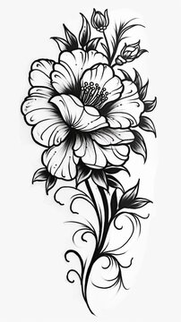 A black and white illustration of a flower arm tattoo design in a floral theme. The tattoo features intricate details and shapes, isolated on a white background.