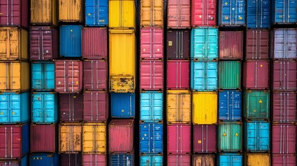 Vibrant background featuring stacked shipping containers in a bustling port setting with activity