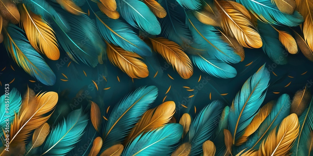Poster turquoise and golden feathers pattern texture on abstract background. close-up of vibrant, colorful 