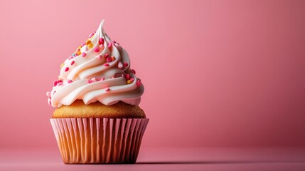 Delicious Cupcake with Frosting and Sprinkles on Pink Background