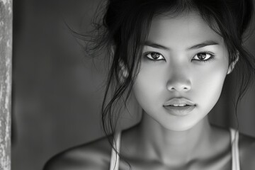 Fototapeta premium Close-up Portrait of a Young Woman with Dark Hair and Deep Eyes
