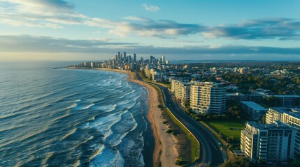 Obraz premium Aerial view of Melbourne coastal city in Australia. Buildings line the shore, overlooking the blue sea and harbor. Boats and ships are docked in the water, surrounded by cityscape and architecture.