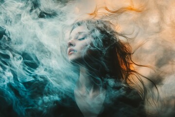 Mystical woman with flowing hair surrounded by ethereal clouds