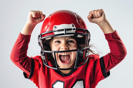 Young child celebrates wearing oversized American football helmet and red jersey on neutral gray background, arms raised in excitement, capturing joyful moment.