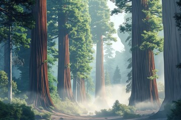 Sequoia trees stand tall in a misty forest. Green foliage and towering trunks thrive in a serene, foggy landscape. Digital artwork captures the beauty of nature.