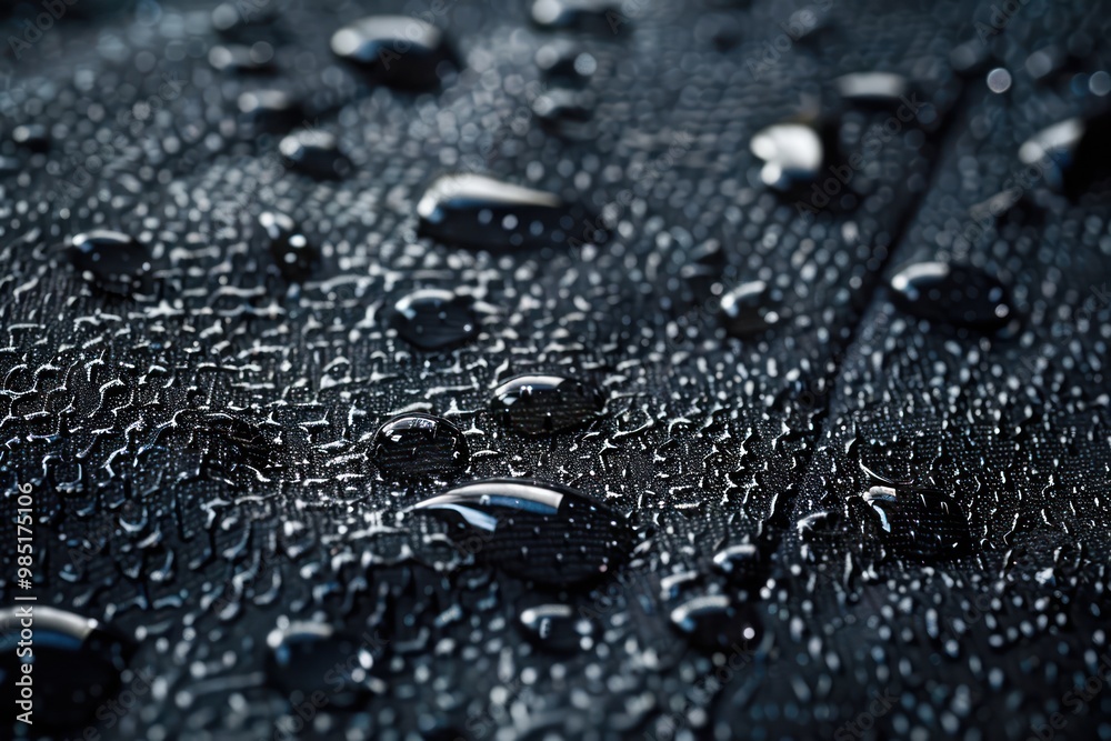 Aufkleber Close-up view of waterproof fabric with water droplets creating abstract pattern. Fabric texture and detail emphasized. Water beads up on surface. Use in tech, eco, fashion, design projects.