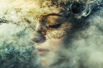 Abstract digital art of a woman's face merging with nature, ethereal and mystical
