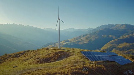 A wind turbine stands tall on a mountaintop, with solar panels nearby. This shows how we can use clean energy sources like wind and sun to power our homes and businesses.