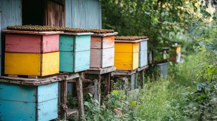 Naklejka premium Vibrant summer apiary showcasing colorful beehives in a tranquil farm garden setting