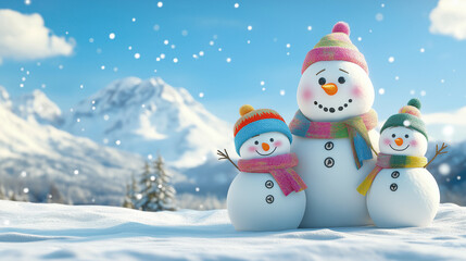 Fototapeta premium Cheerful family of snowmen standing on a snowy mountain landscape, dressed in colorful hats and scarves, enjoying a bright winter day in the sunshine.