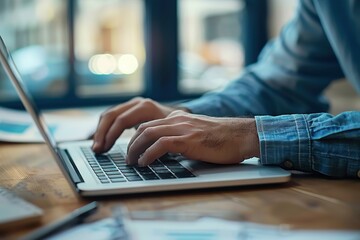 A man is typing on a laptop in a dimly lit room, generative ai image