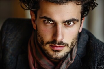 Fototapeta premium Captivating portrait of a thoughtful italian individual with intense gaze AI