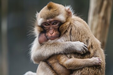 Obraz premium Close-up of monkey embracing its baby. Monkey fur is brown, its baby is snuggled up against its chest. Forest background is blurred, focusing attention on tender moment between monkey, its offspring.