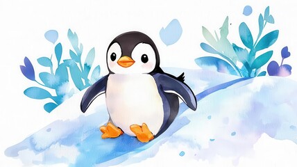 Naklejka premium Playful penguin, sliding down an icy slope, joyful mood, watercolor style