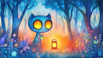 A whimsical character with large, expressive eyes, holding a glowing lantern in a fantasy forest, watercolor, soft pastels, glowing details