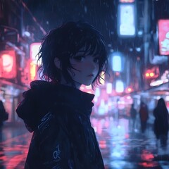 Anime girl standing in rainy city night, digital illustration