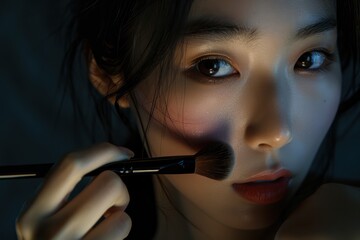 Obraz premium Asian model woman applies red lipstick with black makeup brush on dark blue background, highlighting her facial features. The image showcases her beauty and grooming skills.