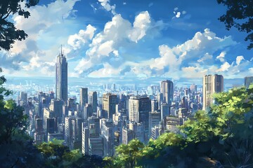 Naklejka premium Cityscape view from the forest with blue sky, clouds and skyscrapers in the distance.