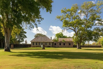 Fototapeta premium Old wooden house stands on green field surrounded by trees. Sunny day illuminates building architecture. Natural beauty of garden, home exterior. Nobody is visible, focusing on structure, detail.