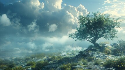 Fototapeta premium Tranquil Landscape with a Single Tree and Dramatic Clouds