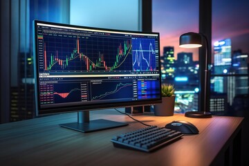 Fototapeta premium Computer monitor displays financial graph of market. generated illustration shows currency exchange rate, business chart, investment trend, statistic, banking forecast. Digital art represents
