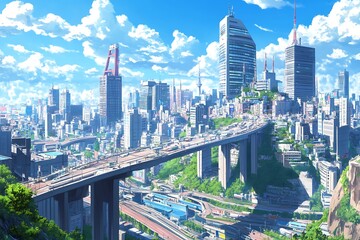 Obraz premium Futuristic Cityscape Illustration with Skyscrapers, Bridge, and Blue Sky