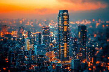 Fototapeta premium Illuminated Skyscrapers at Dusk with Blurred City Lights