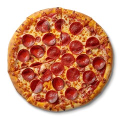 Freshly baked pepperoni pizza cut-out isolated on white background. Tasty, cheesy, savory, mouth-watering Italian dish made from mozzarella cheese, salami, and pepperoni slices.