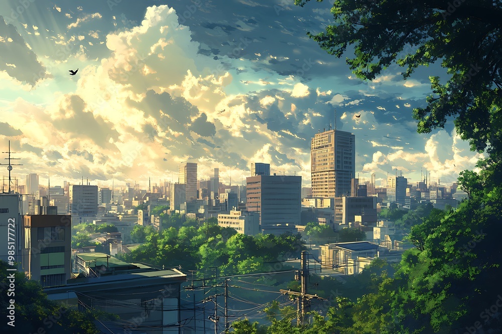 Poster Anime Style Cityscape with Sunny Sky and Clouds