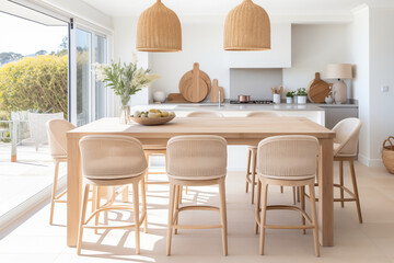 exclusive interior design of the salon, kitchen, dining room furnished with natural wood materials in light colors with the use of author's designer decor from the best materials.