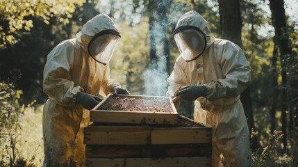 Professional beekeepers in protective gear collaborate using bee smoker to inspect hive frames