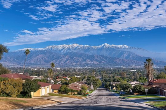 Serene suburban neighborhood street with houses, red roofs, rich green lawns, trees. Clear blue sky with white clouds. Majestic mountains rise against horizon, snow-capped peaks in distance.