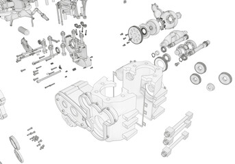 Disassembled engine on white background. Lots of details.