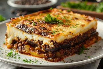 Layered Moussaka with creamy sauce.