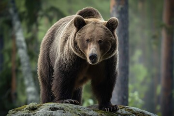 Fototapeta premium Close-up of grizzly bear on rocky outcrop in Finnish forest. Furry brown mammal, wild animal, natural inhabitant. Forest plants, trees, foliage in blurred background. Wild nature, wilderness,