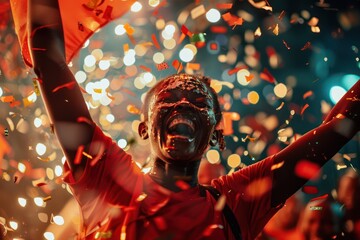 Vibrant red shirted black woman celebrates with orange flag, surrounded by confetti in dynamic high-energy composition, evoking a sense of joy and excitement, perfect for commercial use.