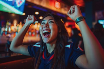 Asian woman in navy blue jersey cheers passionately at sports bar, arms raised, mouth open in triumph. Neon sign, TV screen display game score amidst warm indoor lighting, high energy composition.
