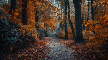 Obraz premium Autumnal pathway with trees in full color.