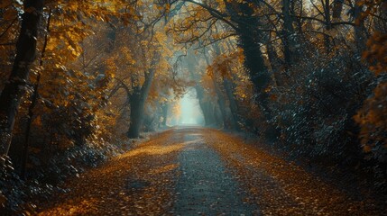 Obraz premium Autumnal pathway with trees in full color.