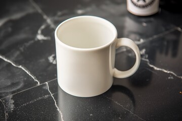 White mug with black handle on black marble countertop. World best boss text in bold black font. Slightly off-center, handle pointing top right. Small black candle in background.